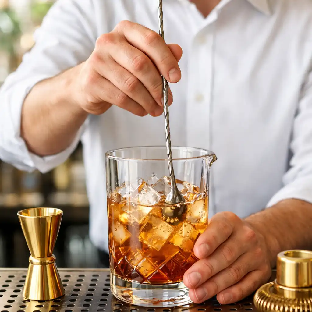 Bartender in crisp white shirt stirring a cocktail in a mixing glass with long bar spoon