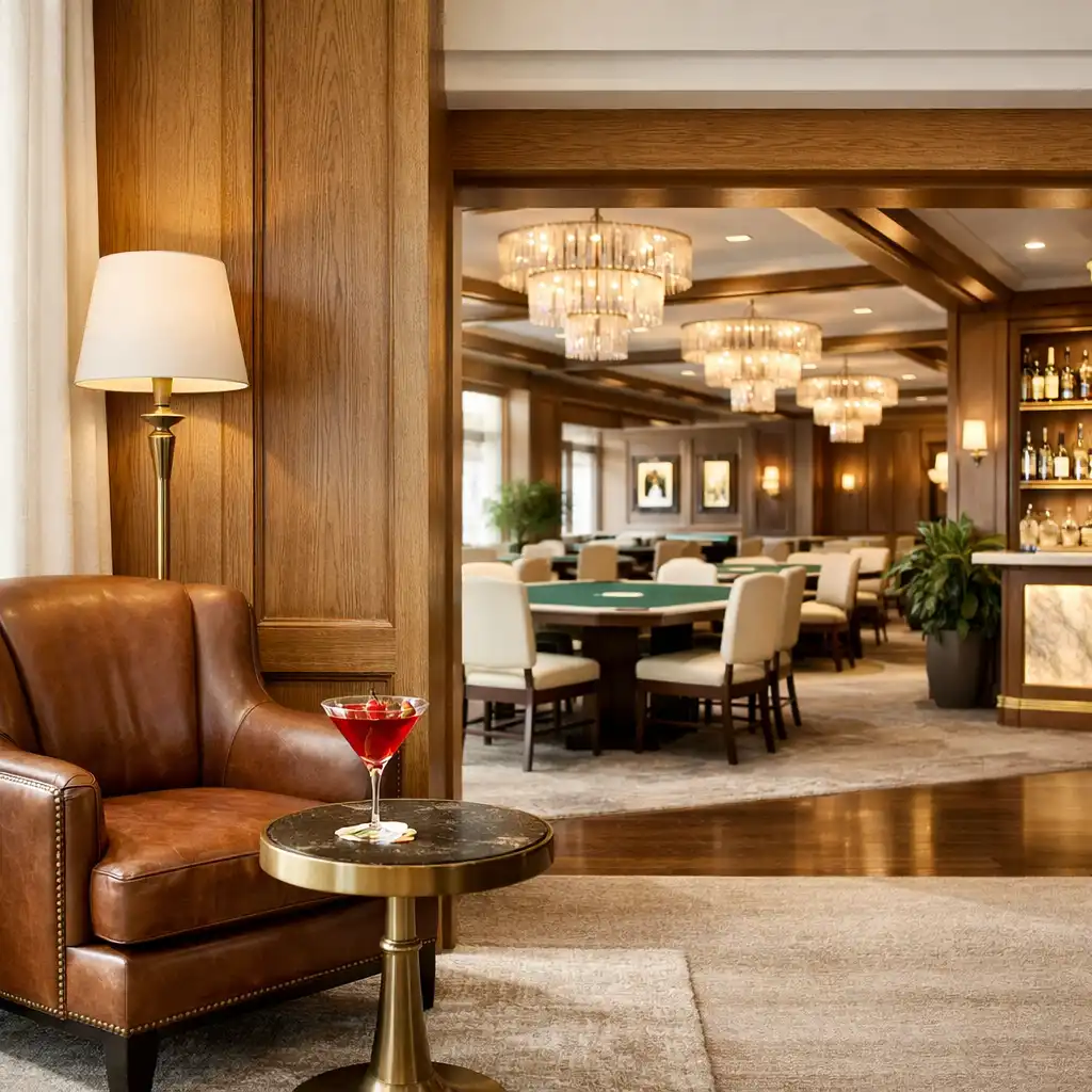 Wide-angle view of the lounge seating area with a leather armchair, side table, and view toward the poker room
