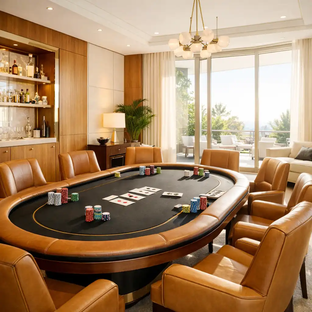 Sunlit private poker lounge with floor-to-ceiling windows, custom table, and brass accents