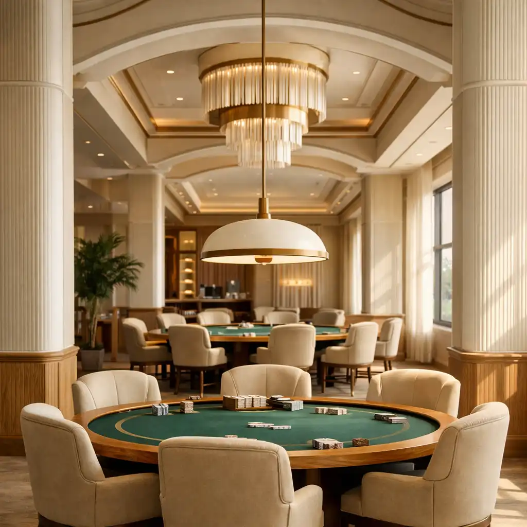 Vertical view of the casino lounge interior with natural light, oak panels, and a poker table in the distance
