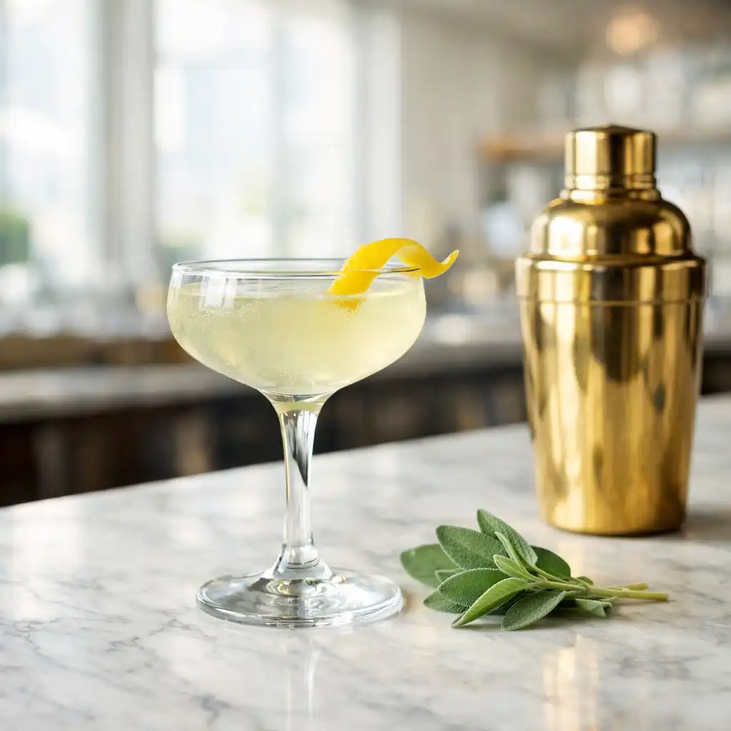Craft cocktail in a coupe glass on a marble bar with brass shaker and sage