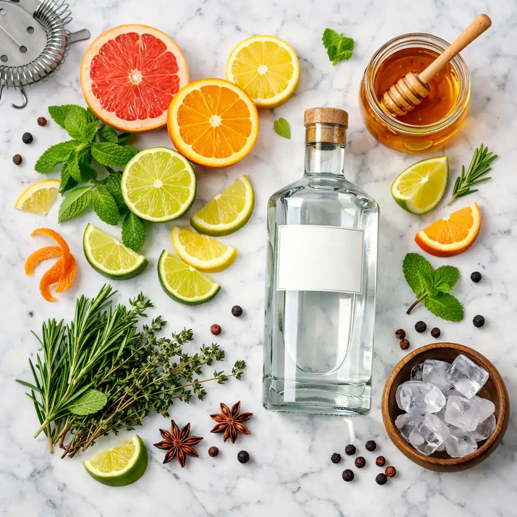 Flat lay of fresh cocktail ingredients including citrus, herbs, gin, and honey on white marble