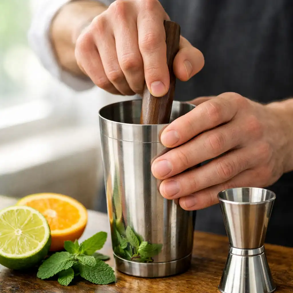 Bartender's hands muddling fresh herbs in a cocktail shaker with citrus and jigger