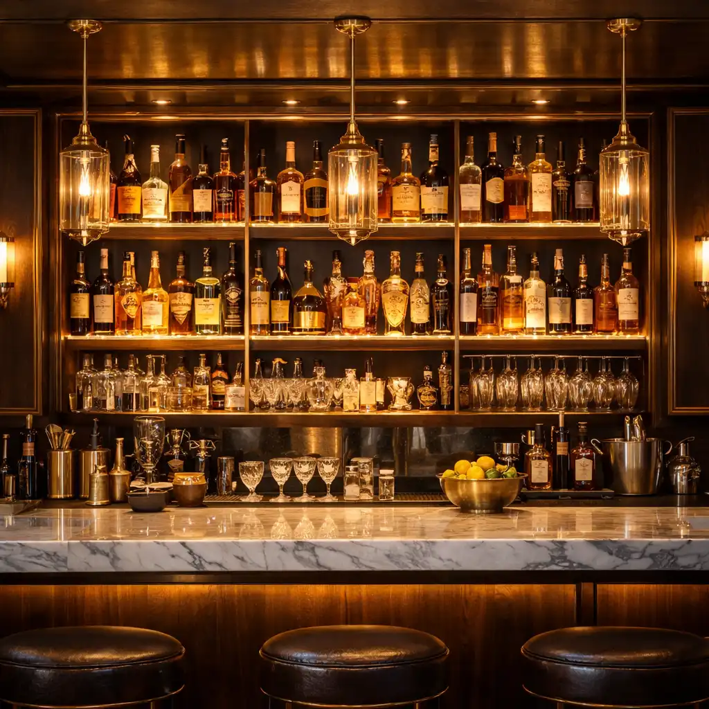 Craft cocktail bar with brass accents and backlit shelving displaying premium spirits
