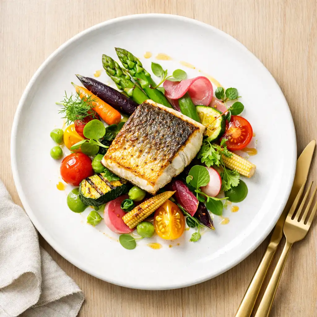 Overhead view of a beautifully plated modern Australian dish with seasonal vegetables and fish