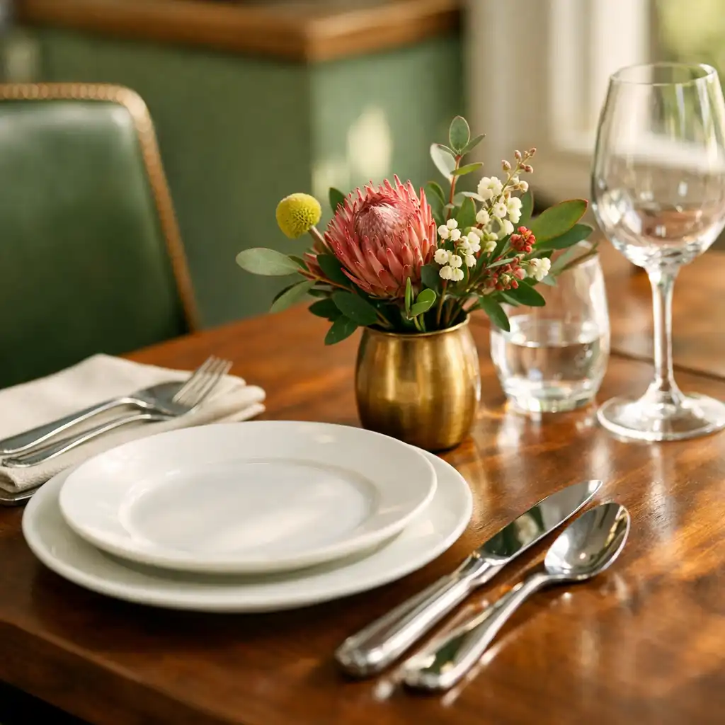 Beautifully set dining table with white porcelain and native Australian flowers in natural light