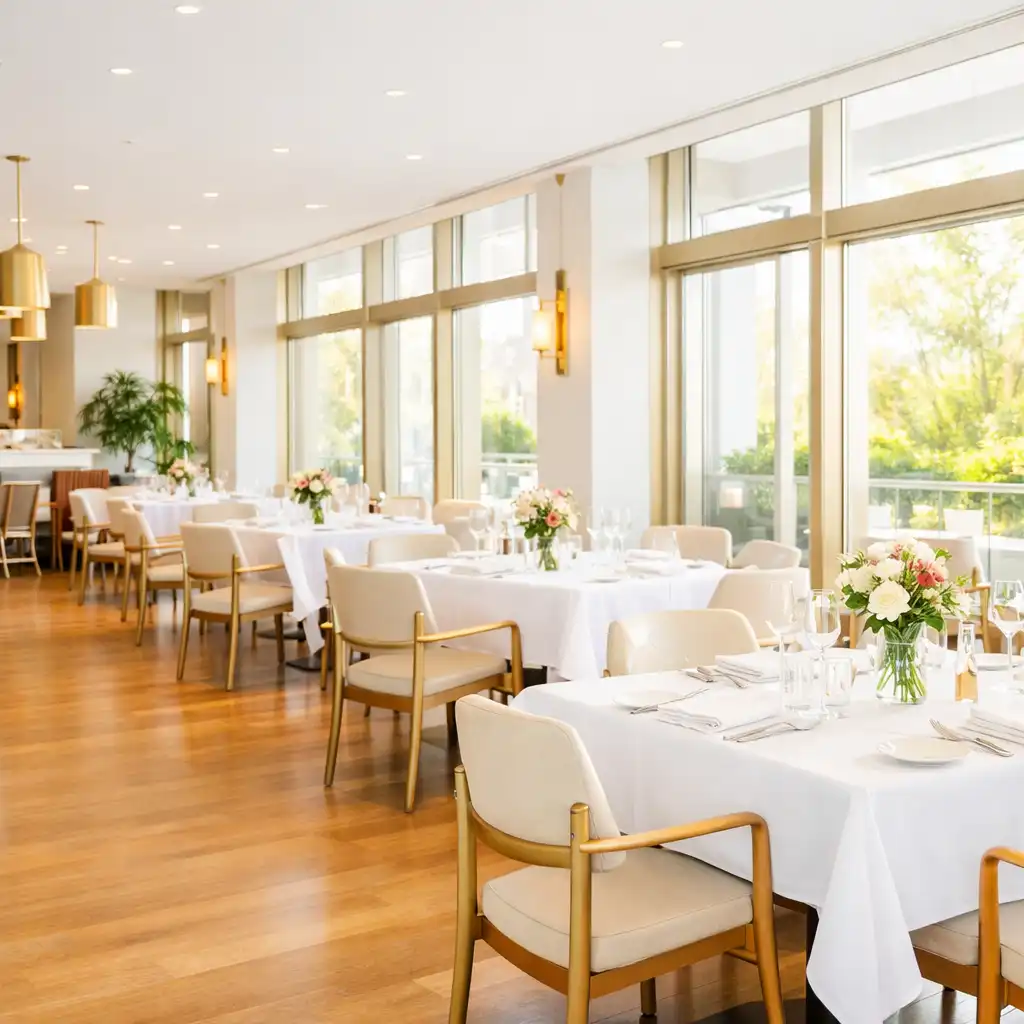 Sunlit main dining room at Pokerdeck Dingo with floor-to-ceiling windows and elegant table settings