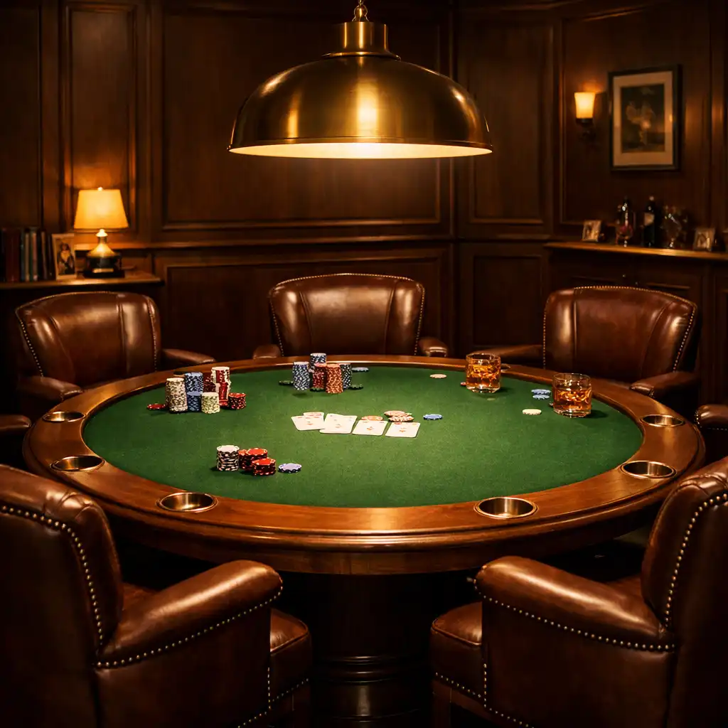 Private poker table set for a game with warm lighting and leather chairs