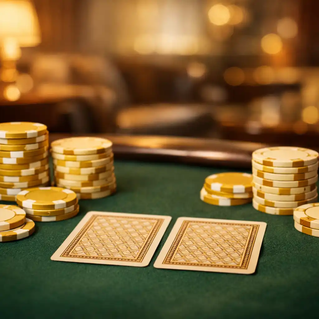Close-up of a poker table with gold and cream chips and face-down cards in a warm lounge