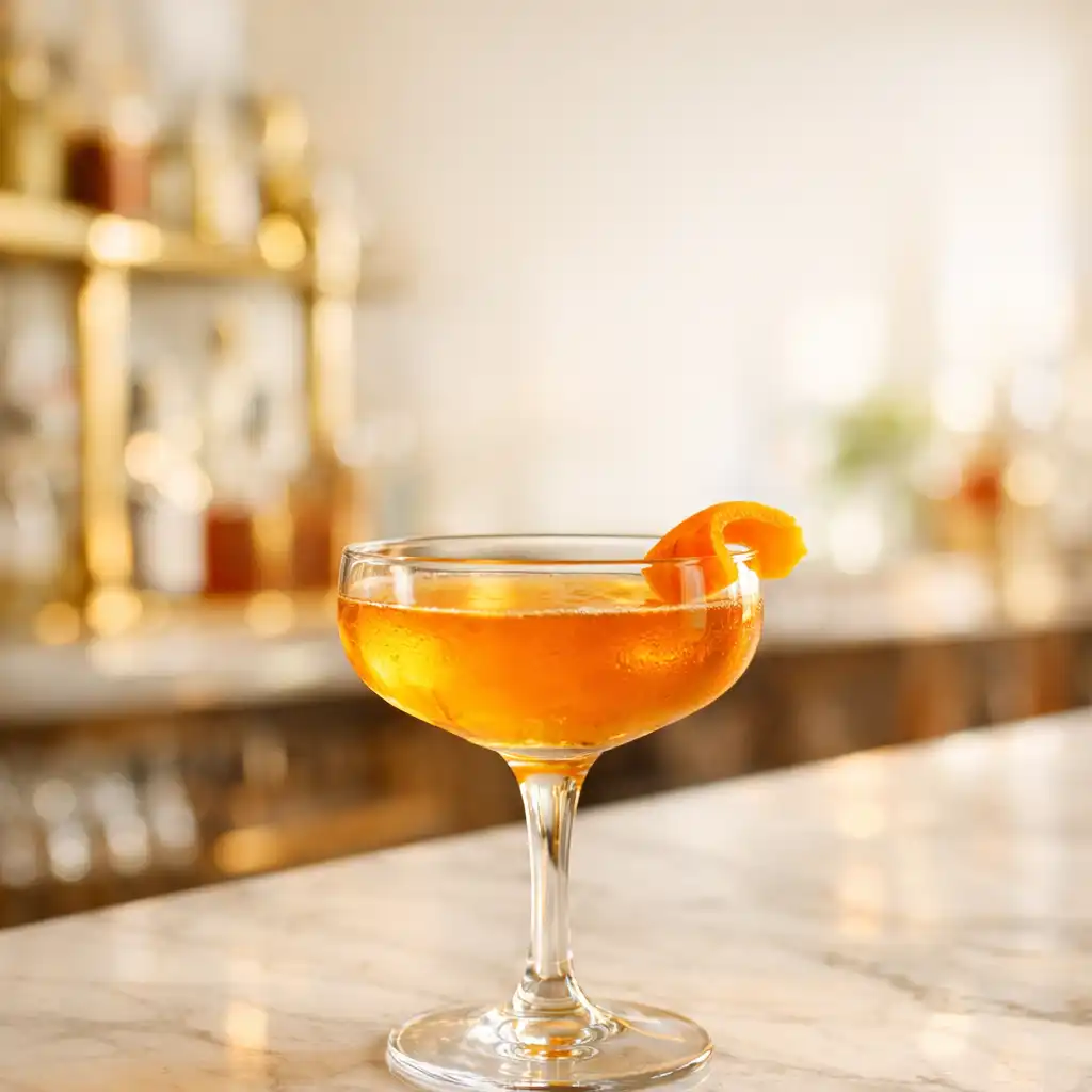 Golden-hued cocktail in a coupe glass garnished with orange twist on marble bar