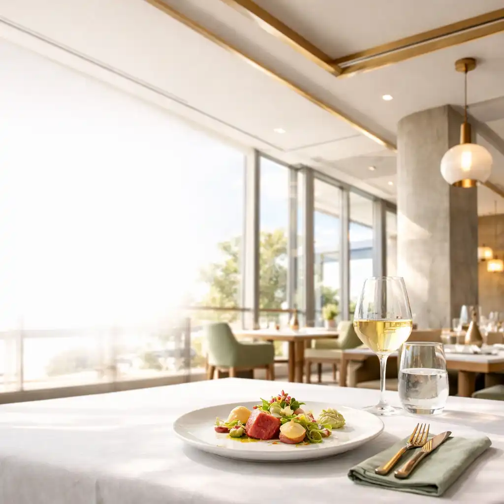 Sunlit dining room at Pokerdeck Dingo with a beautifully plated tasting dish on a set table