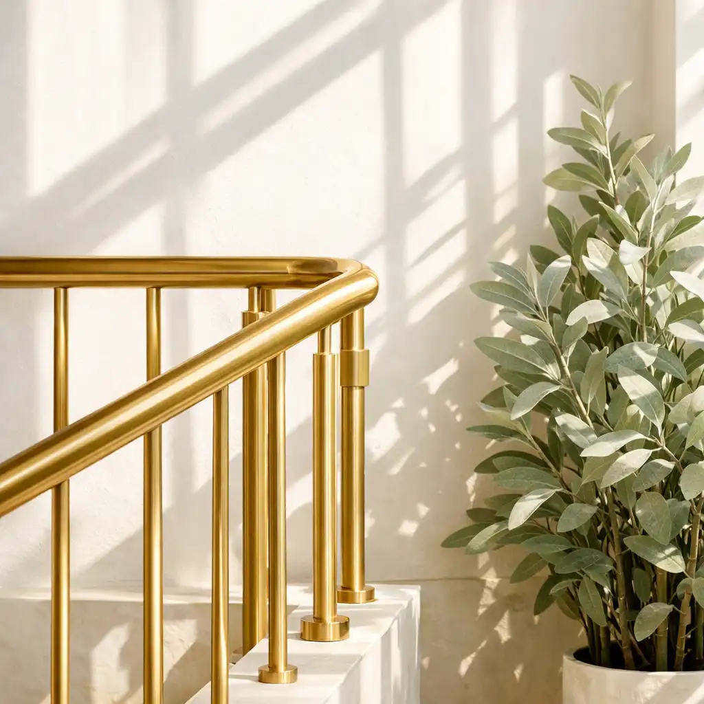 Architectural detail of a brass stair railing against a white wall with sage plant and warm sunlight