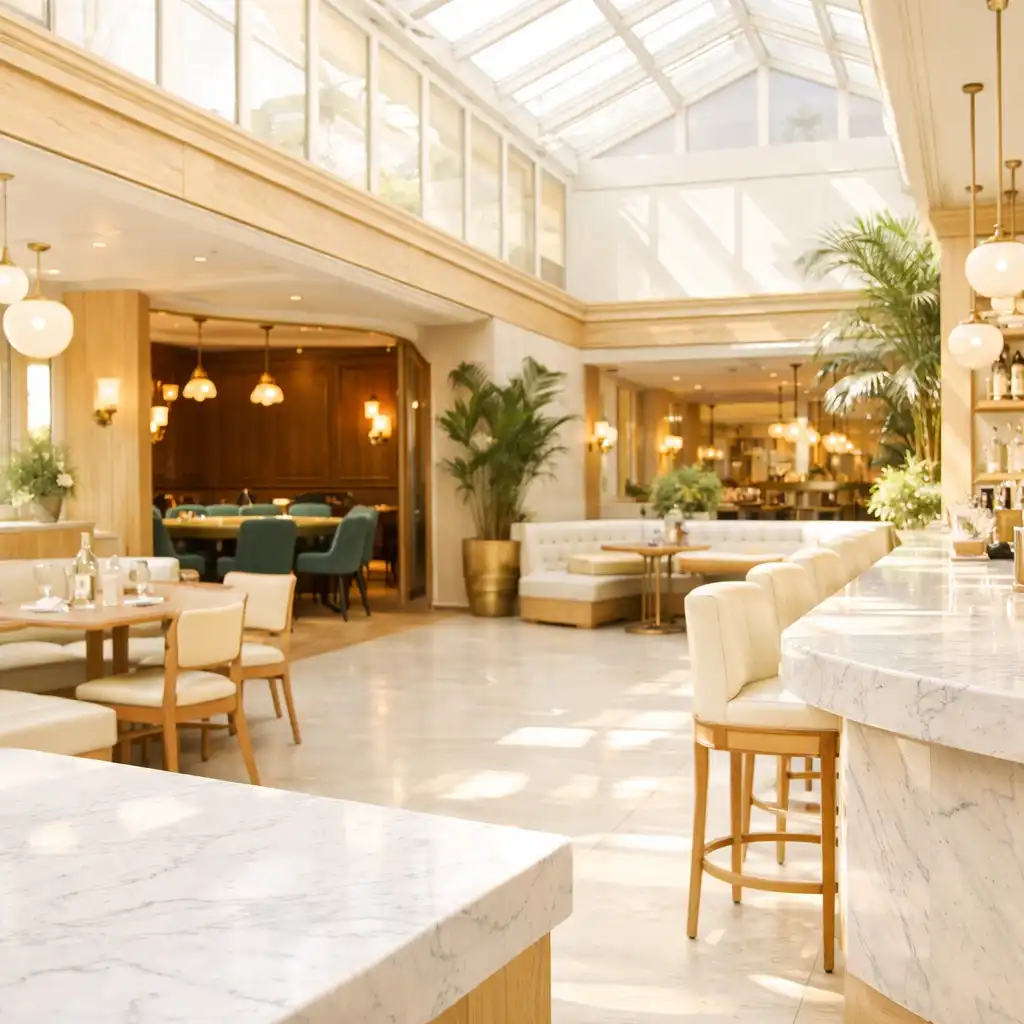 Sunlit architectural atrium at Lumina with dining tables, marble counters, and a glimpse of the poker lounge