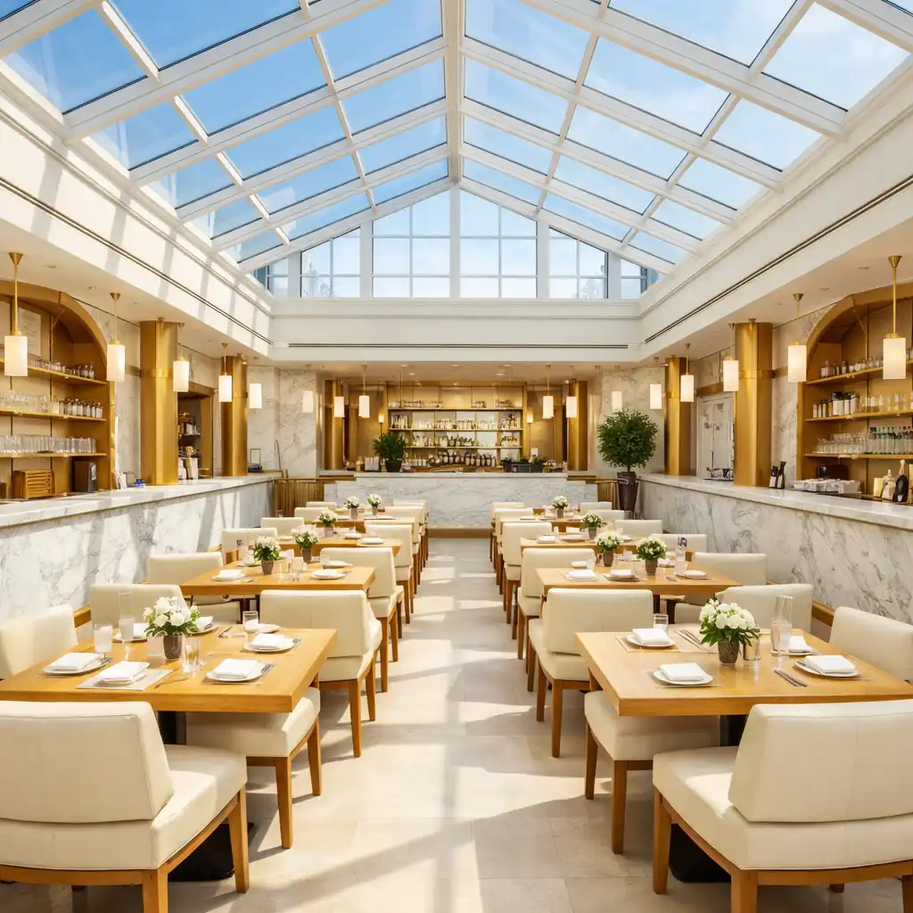 Wide view of the sunlit Lumina atrium with light oak tables, cream leather chairs, and marble counters