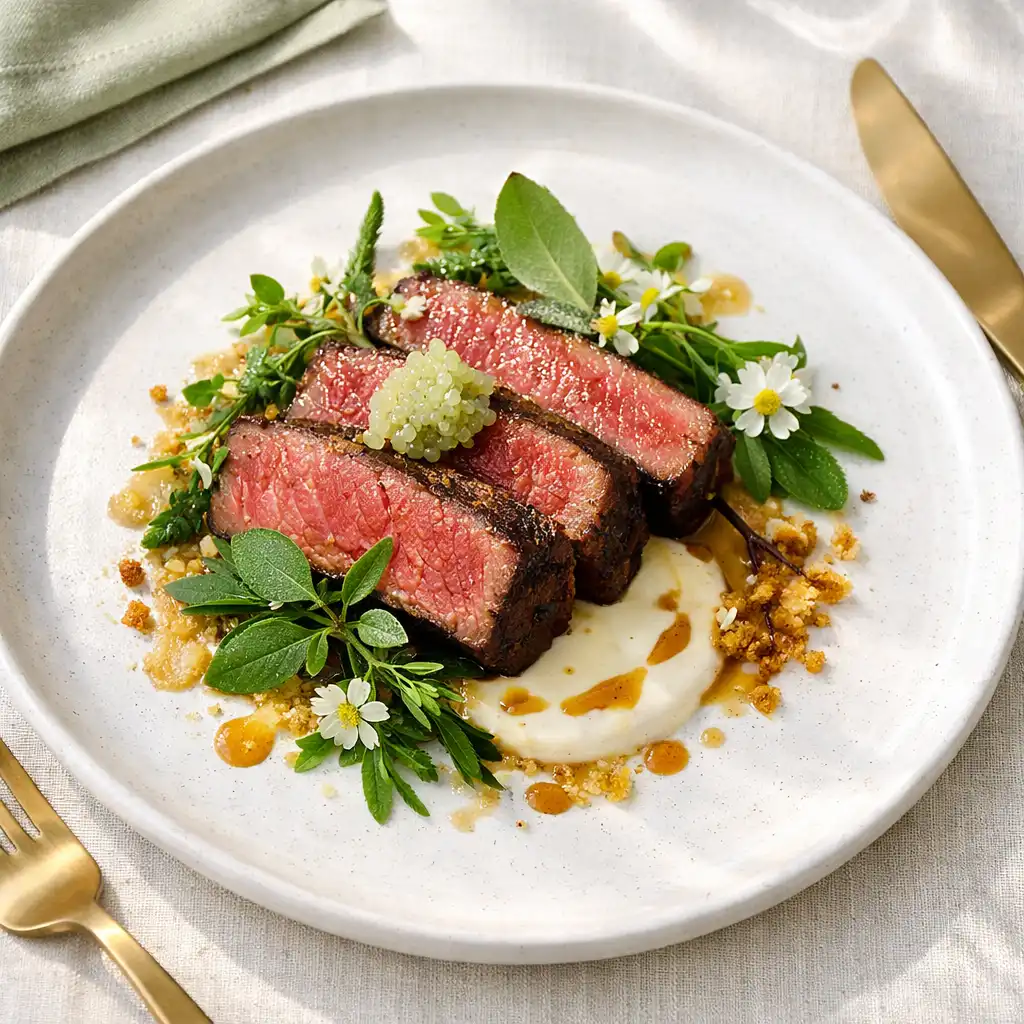 Overhead view of a plated Wagyu beef dish with native botanicals on an ivory tablecloth