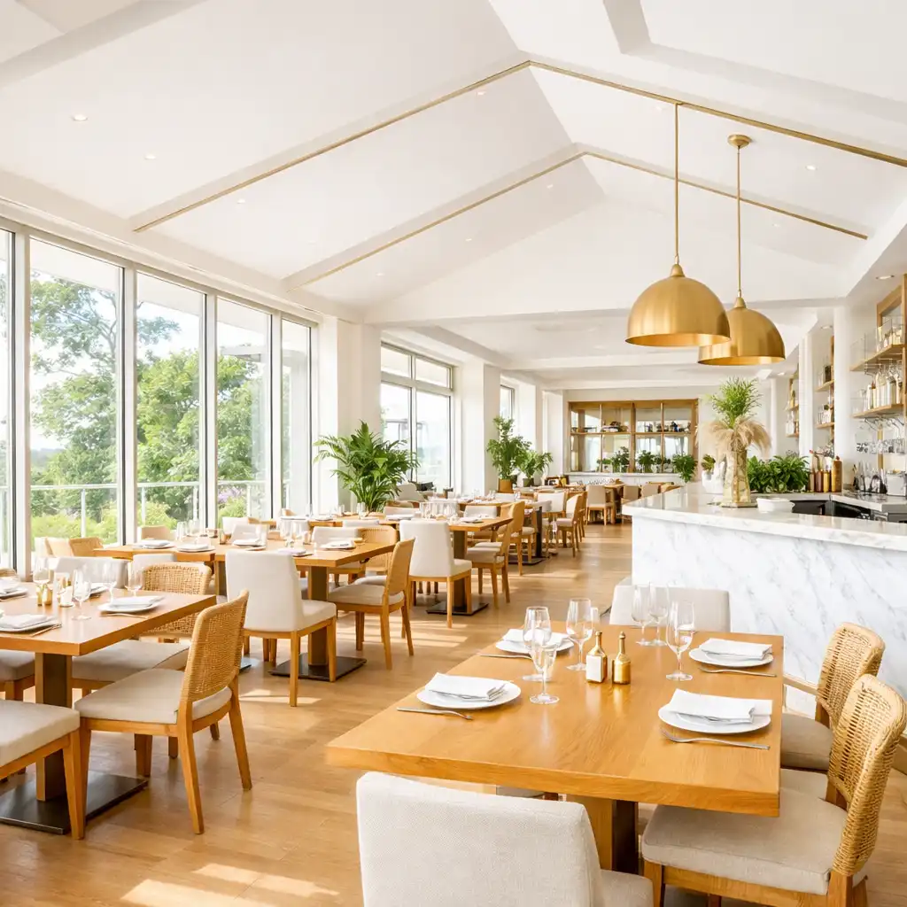 Sunlit main dining room at Pokerdeck Dingo with floor-to-ceiling windows, white walls, warm oak tables, and brass accents