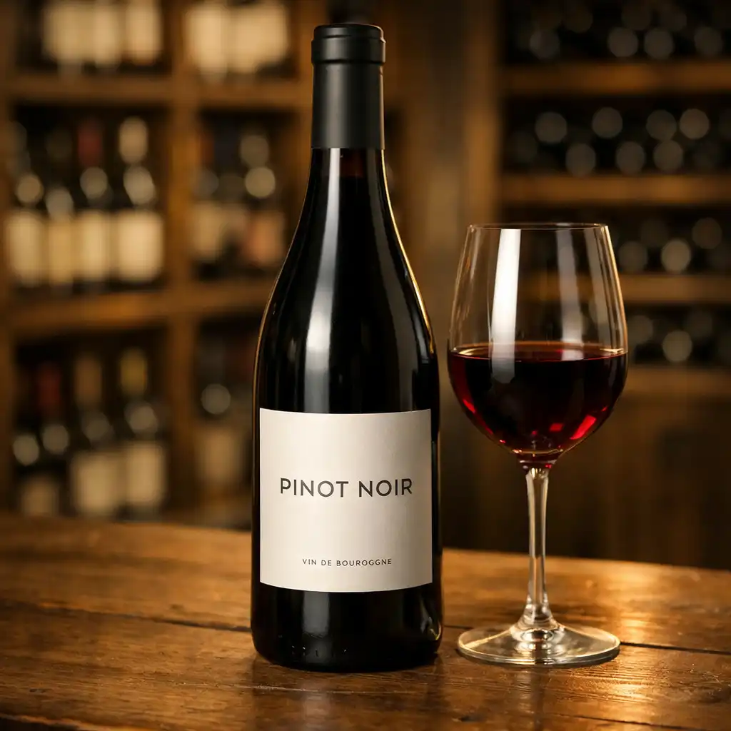 Bottle of Pinot Noir with minimalist label on wooden table next to wine glass
