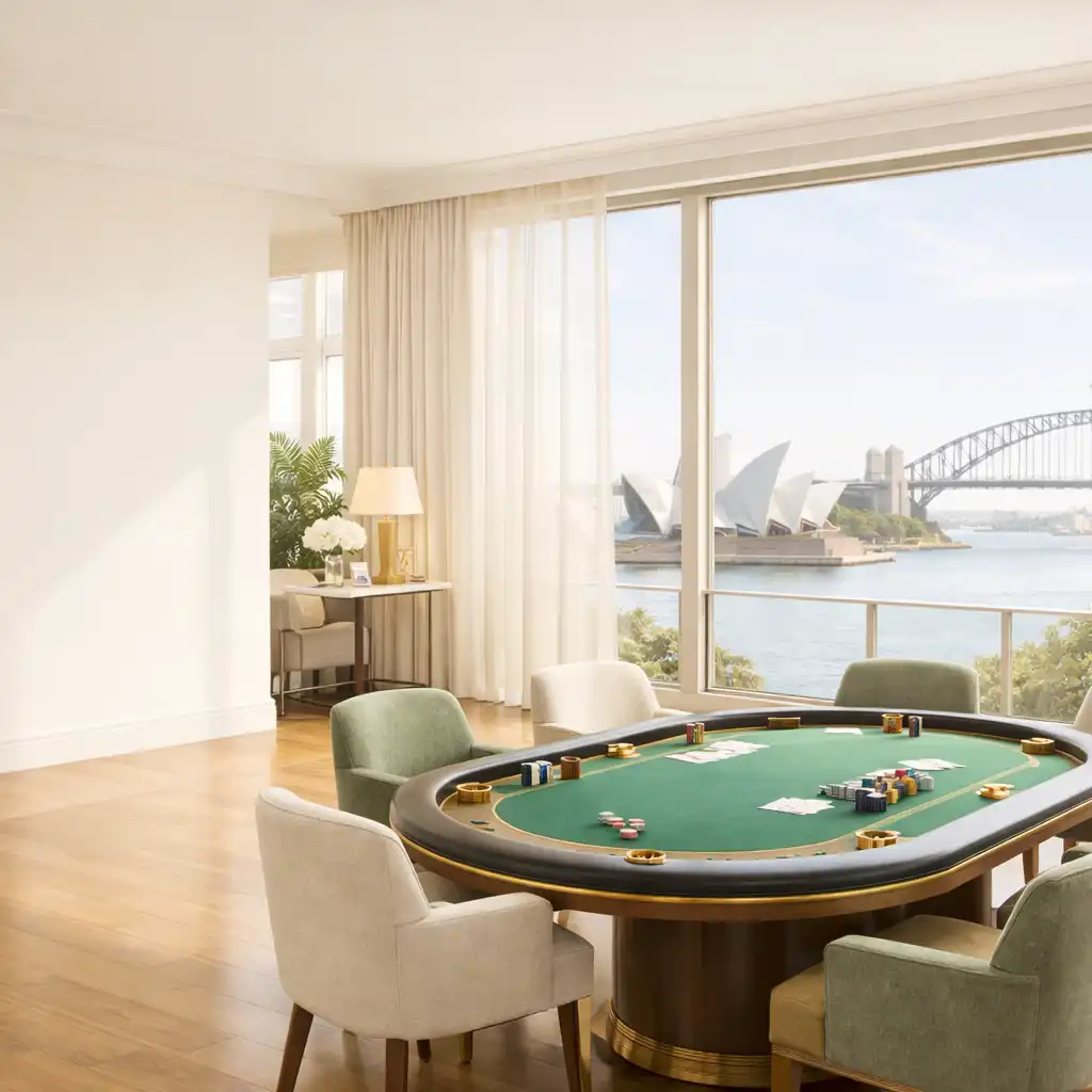 Sunlit architectural poker lounge with a professional poker table, floor-to-ceiling windows, and warm natural light