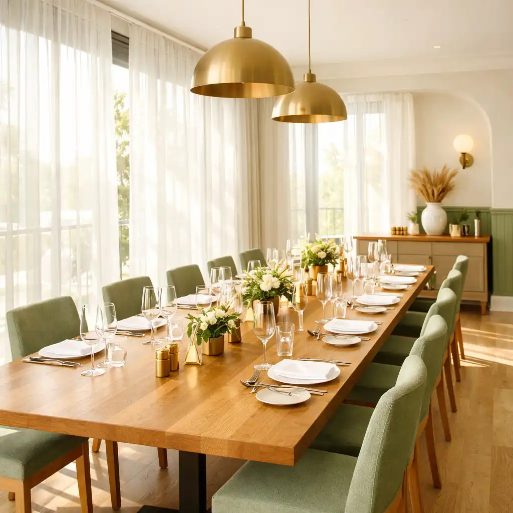 Sunlit private dining room with a long table set for an elegant event