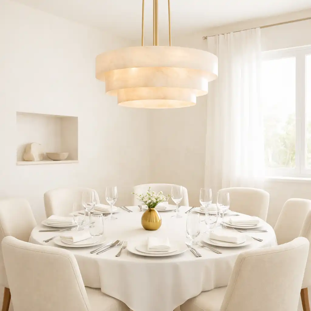 Intimate private dining room with a round table set for six and a statement pendant light