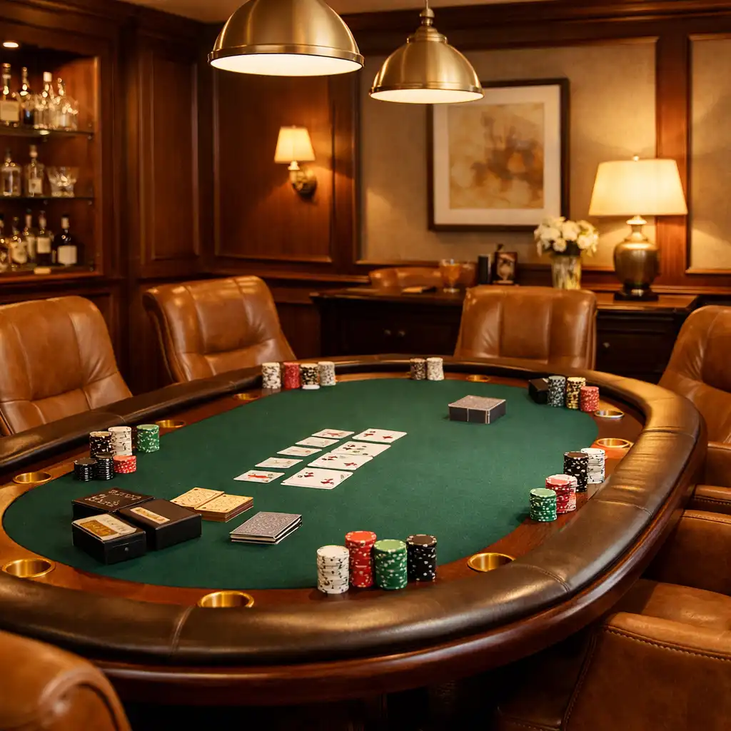 Private poker suite with professional table, leather chairs, warm wood paneling, and soft brass lighting