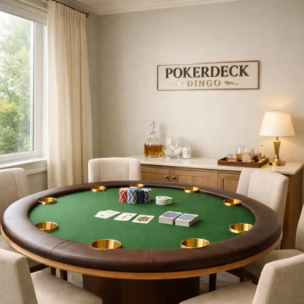 Bright private poker suite with a green felt table, brass cup holders, upholstered chairs, and a large window with soft daylight