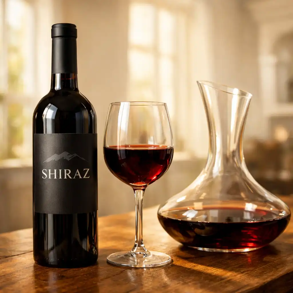 Bottle of Shiraz with dark label on wooden table with wine glass and decanter