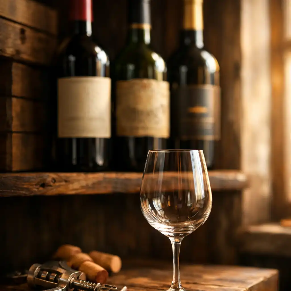 Close-up of a wine cellar shelf with select bottles, corkscrew, and wine glass