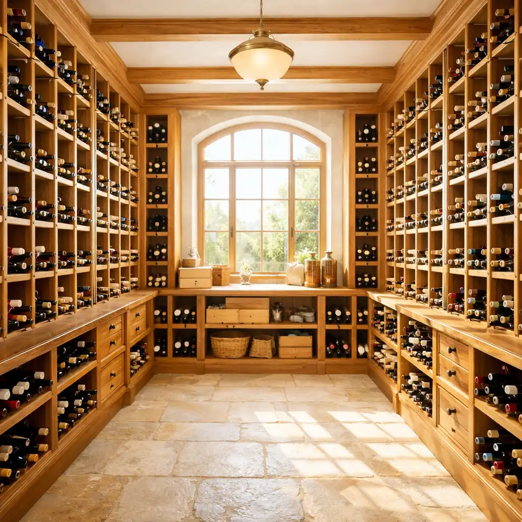 Sunlit wine cellar with floor-to-ceiling wooden shelves filled with bottles