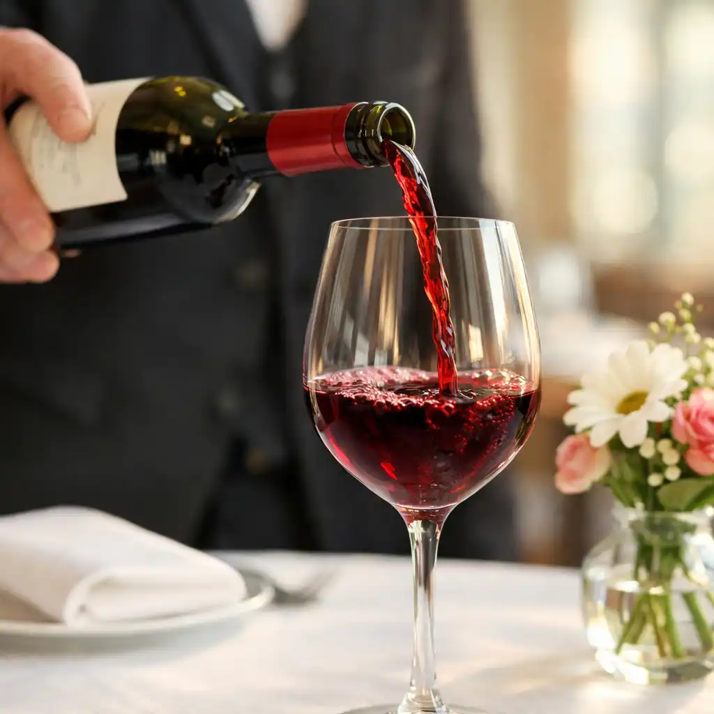 Sommelier pouring red wine into a crystal glass at a bright restaurant table